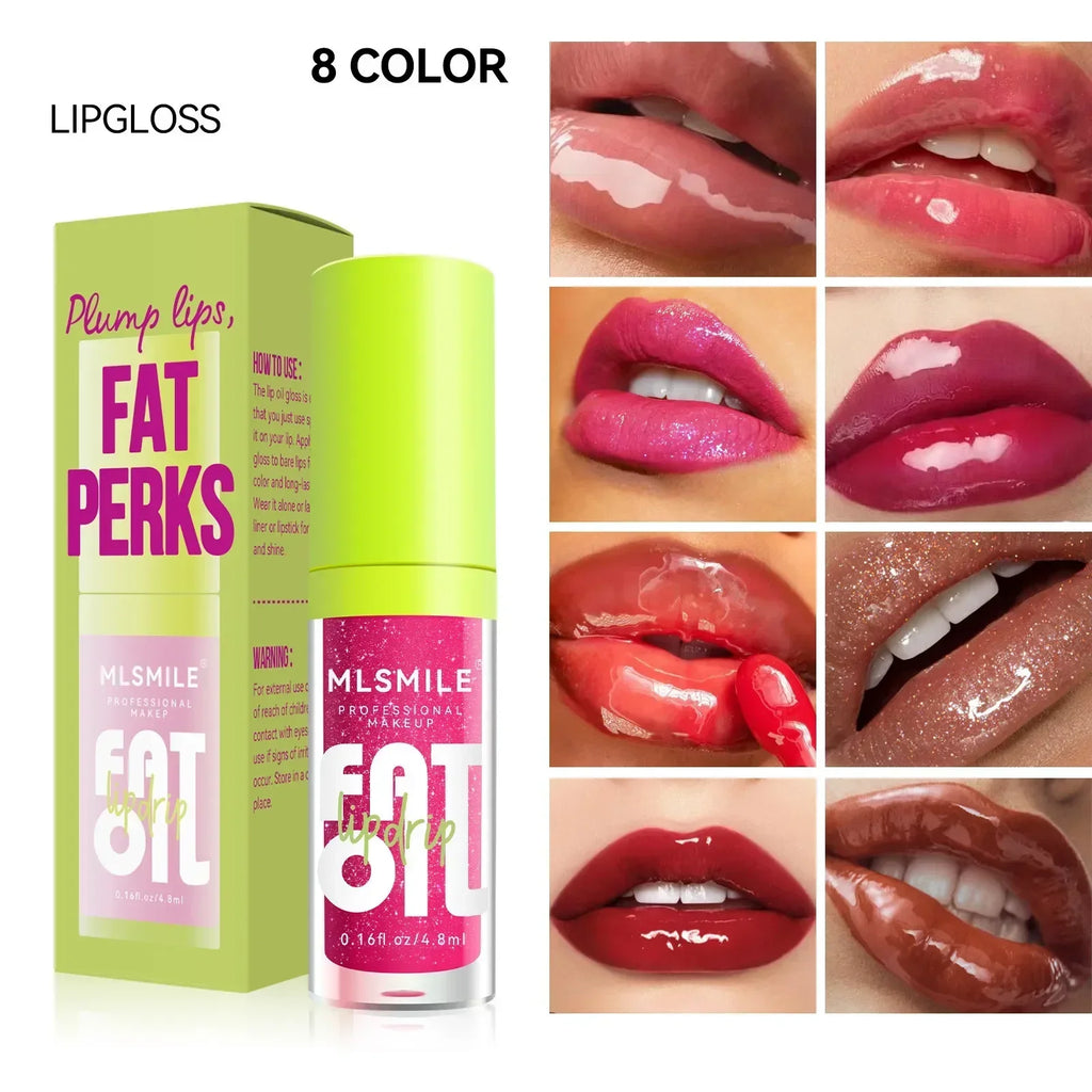 Moisturizing glitter lip gloss and plumping lip oil in 8 vibrant colors with a shiny, nutritious finish for full lips.