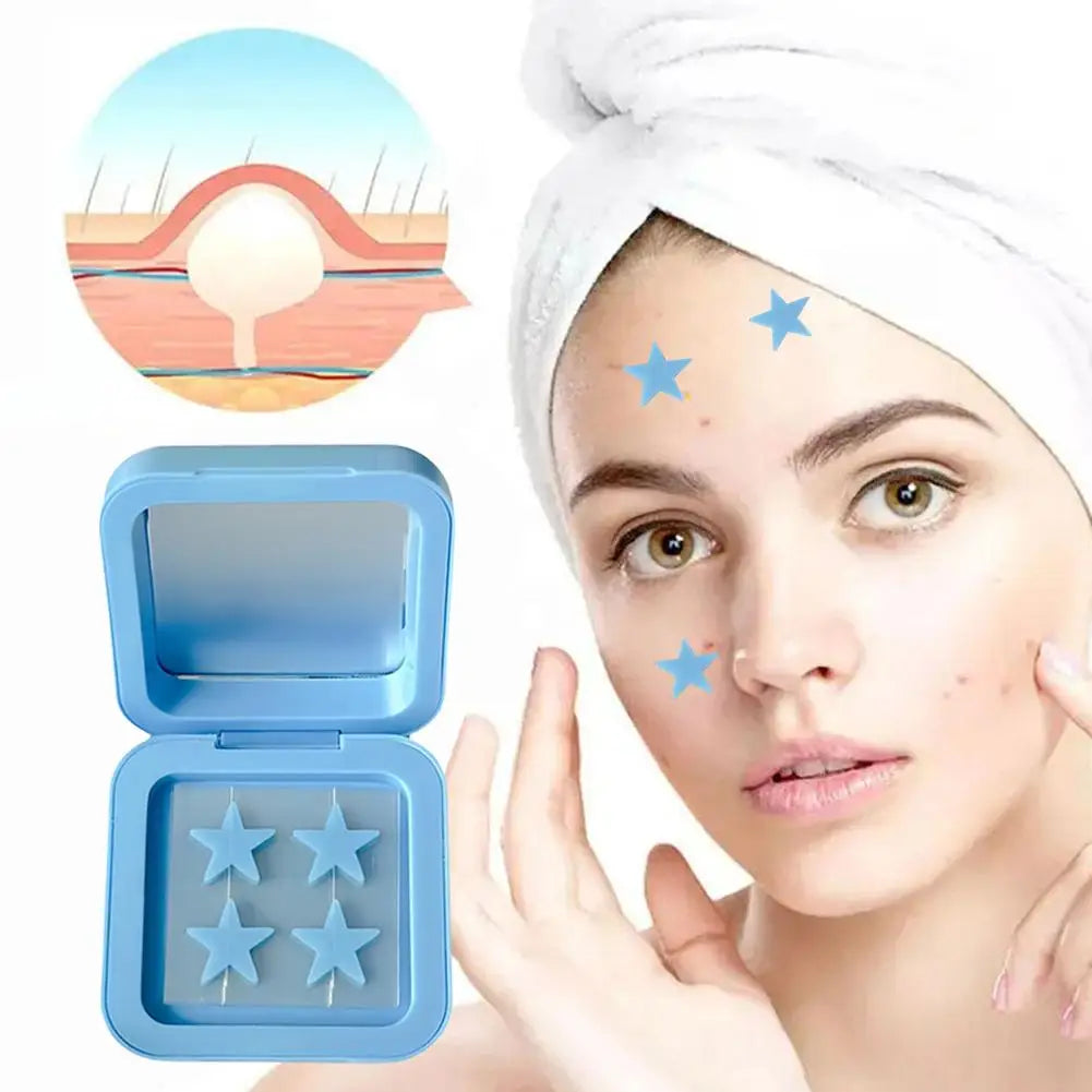 Blue/Yellow Stars Hydrocolloid Pimple Patches with Mirror Storage Box,Acne Spot Stickers For Face,Temporary Mirror Makeup Tool