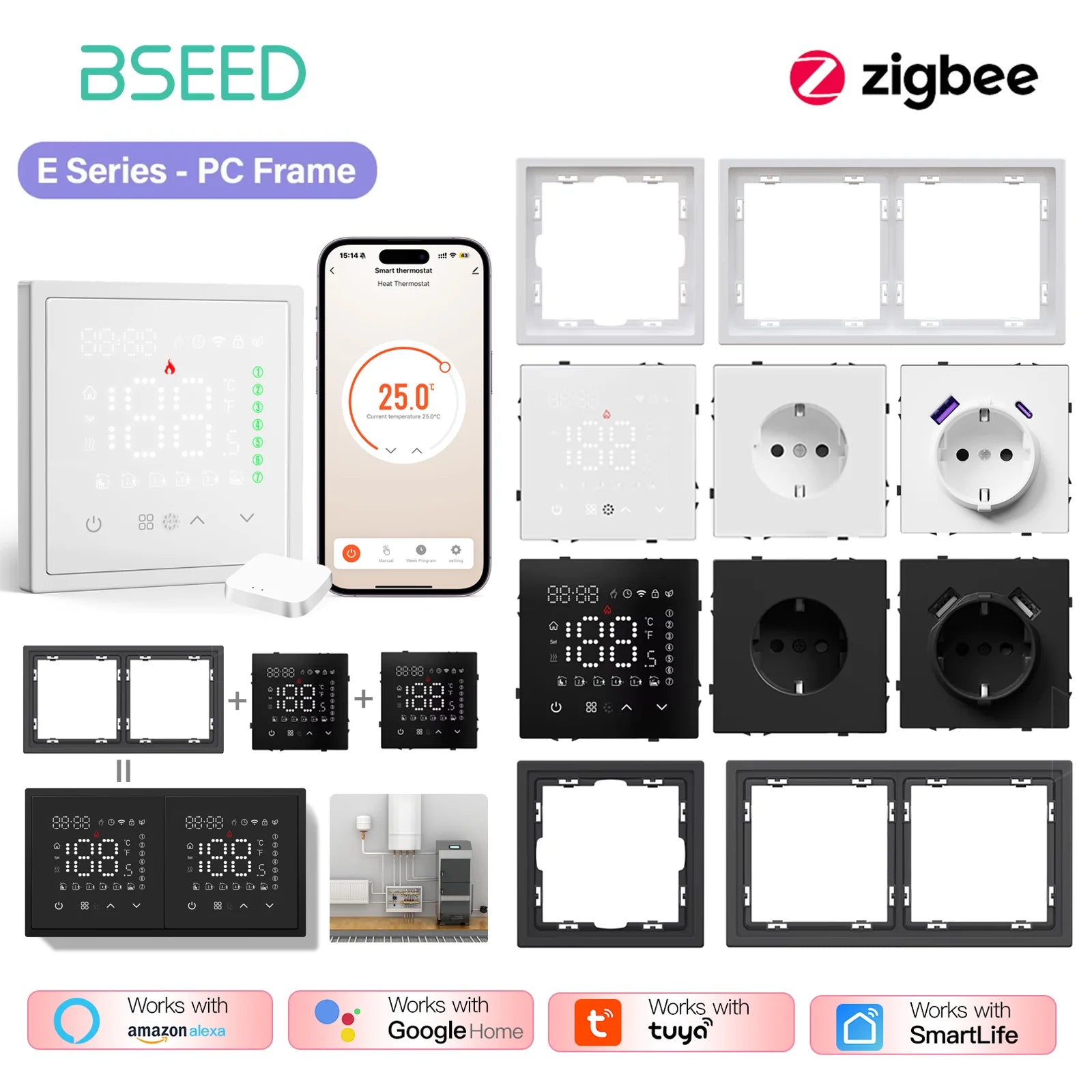 BSEED Zigbee Smart Electric Water Gas Boiler Floor Heating Thermostat Large Panels EU/FR Socket Modules Plastic Frames DIY Parts