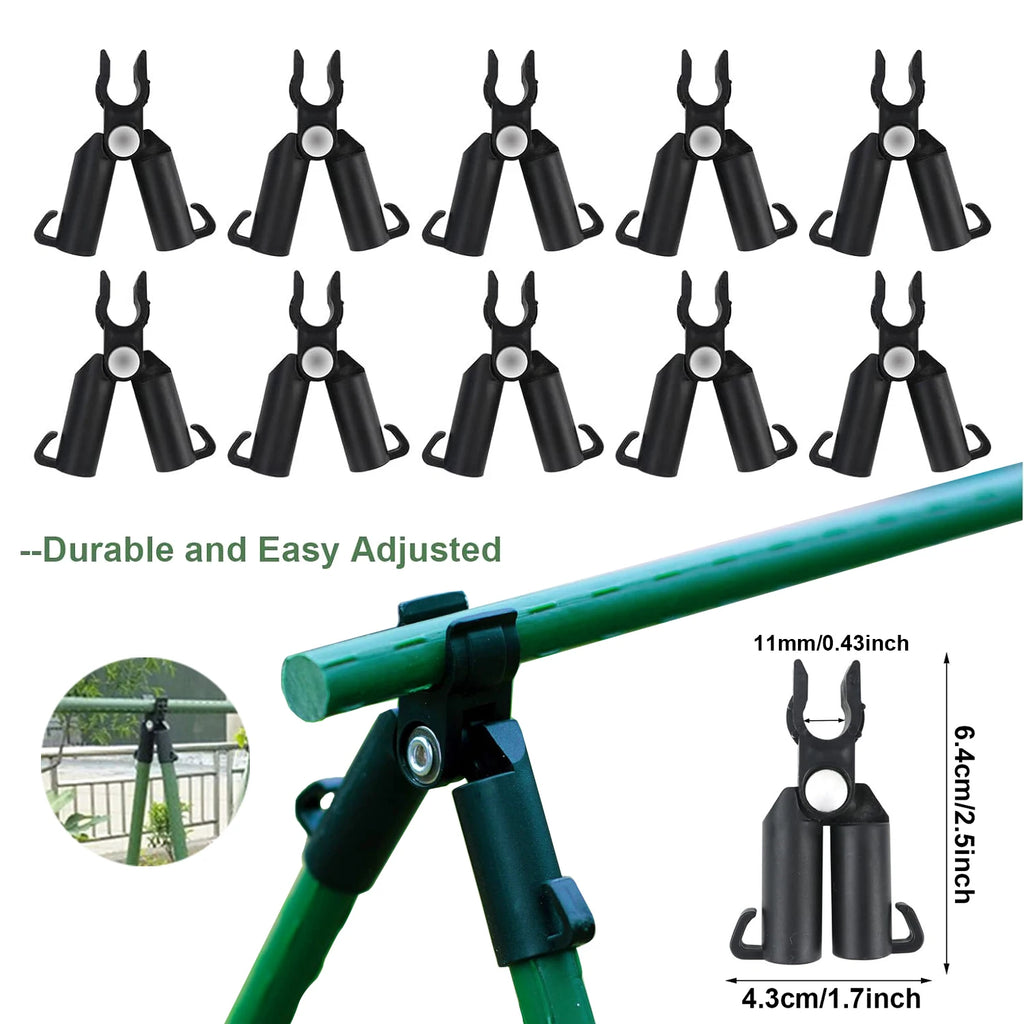 Black plastic plant support clips set, 10-pack, clamp pieces with adjustable opening