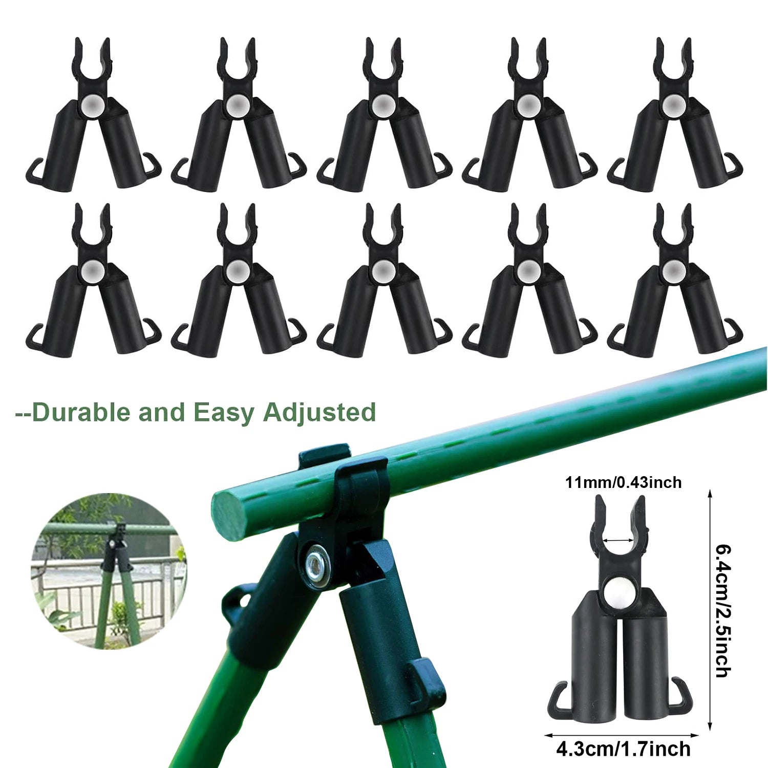 Black plastic adjustable plant support clips for trellis poles, with silver ball tips