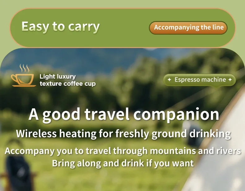 Portable wireless espresso machine for camping, travel, and outdoor use. Compact, travel-friendly design.