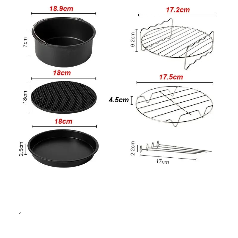 Air fryer accessory parts size chart with round pan, perforated plate, and wire rack