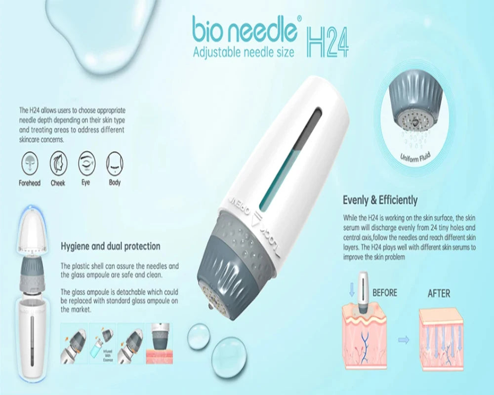 BIO H24 adjustable derma stamp microneedling tool for skin hydration, serum delivery, and facial rejuvenation.