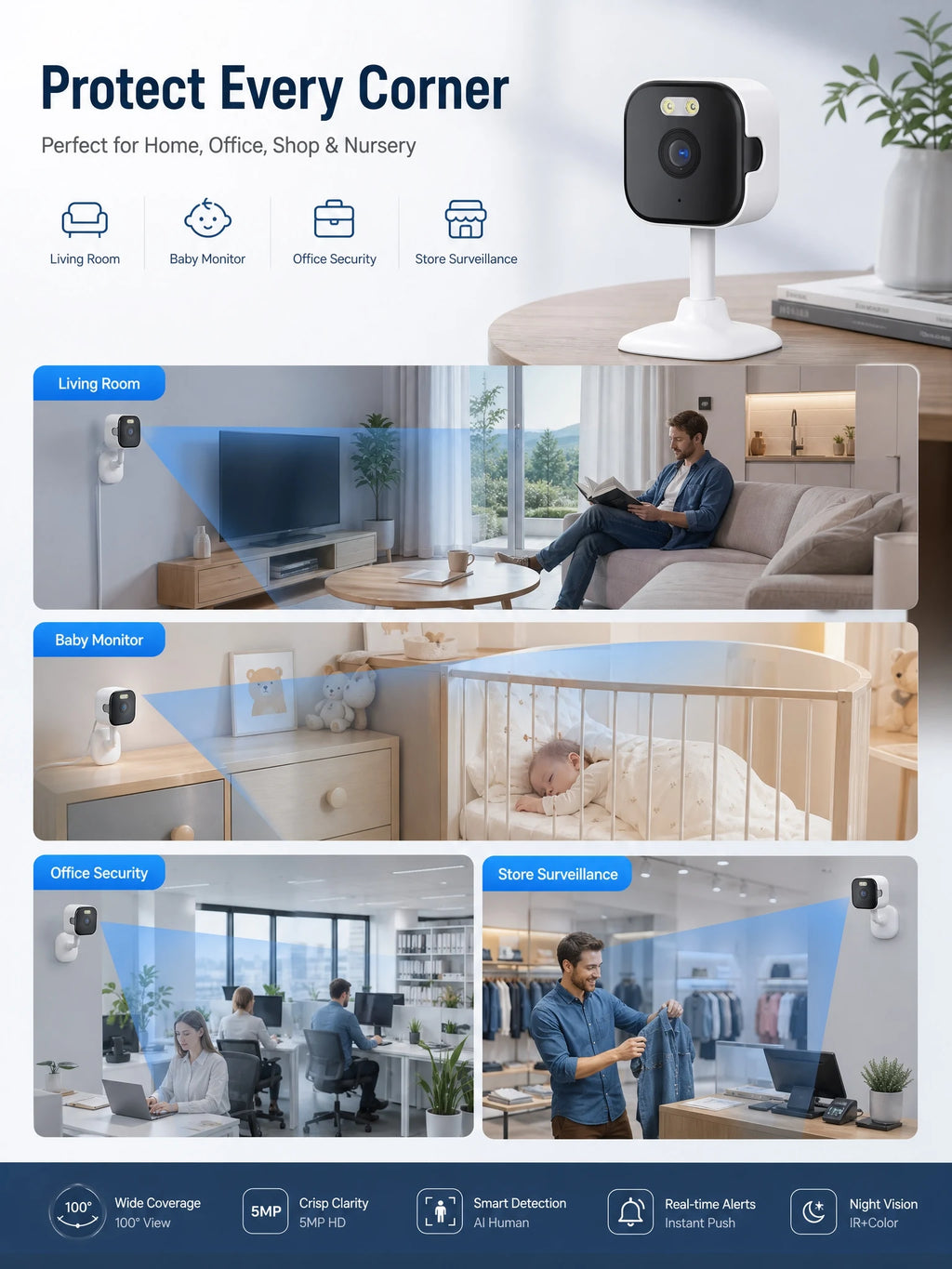 OKAM PRO APP Home Camera HD 5MP Mini WiFi Indoor Camera with Human Detection 5X ZOOM Baby Monitor 24/7 Video Record CCTV