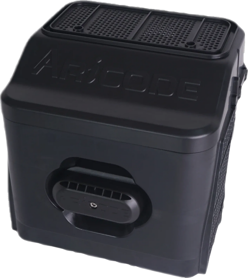Continuous inkjet printer housing, black with top vent grille and carry handle