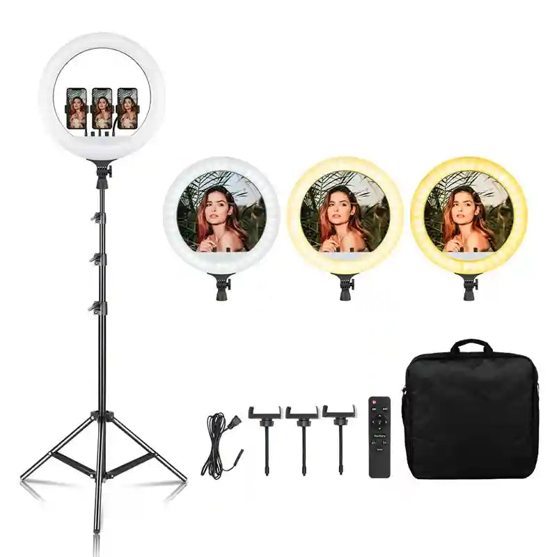 18-inch LED ring light with tripod stand, three phone holders, remote control, and carry bag for photography lighting.