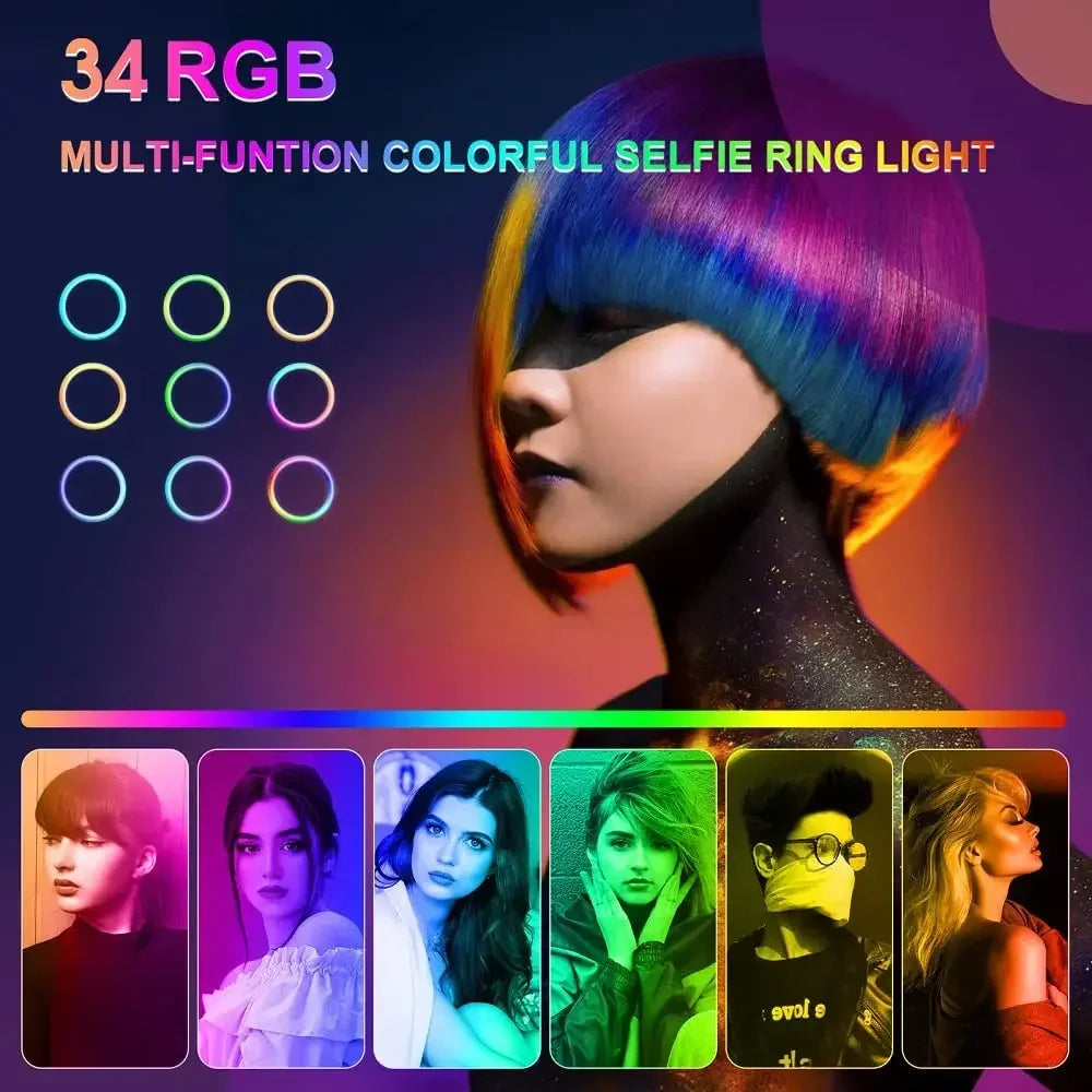 Round RGB LED ring light for selfies with multiple color modes, showing various portraits lit by different color tones.