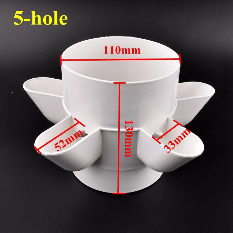 White 5-hole hydroponic tower planter cup with 110mm diameter measurement guide