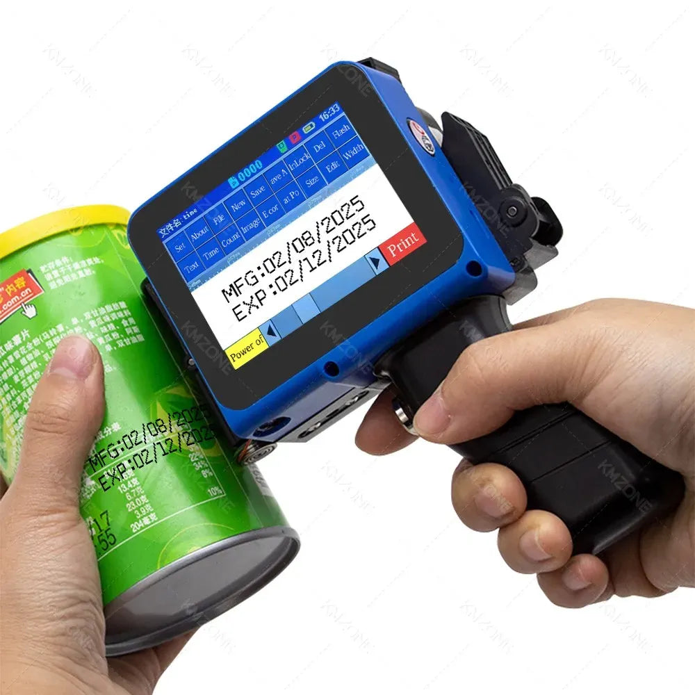 Mini handheld inkjet printer dispensing a printed code onto a green label