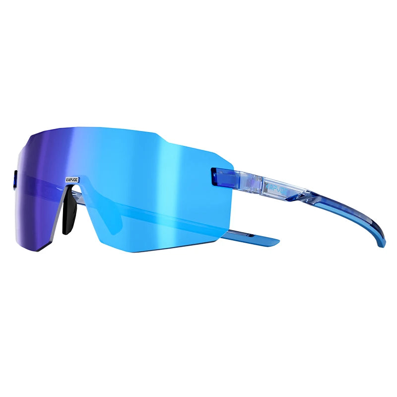 Photochromic cycling sunglasses with blue shield lenses and dark blue frame, white logo arm