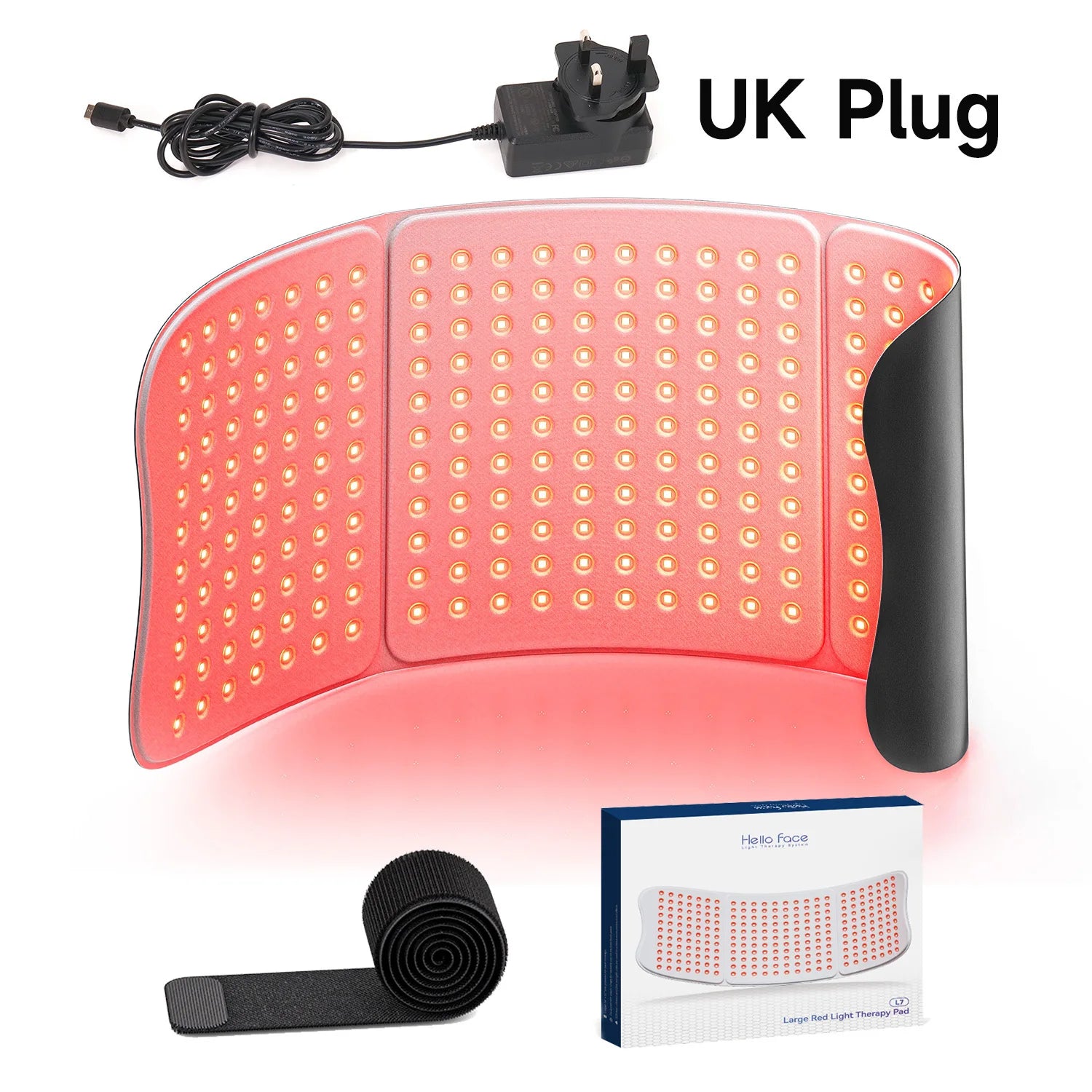 Large flexible red light therapy mat with many LED lights, power cord with UK plug, velcro strap, and product box.