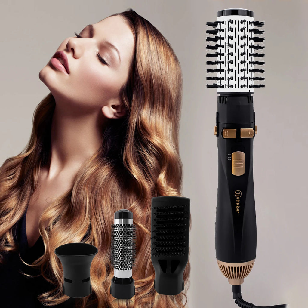 Hatteker 4-in-1 black hot air brush dryer and styler set with interchangeable attachments for hair curling and drying.