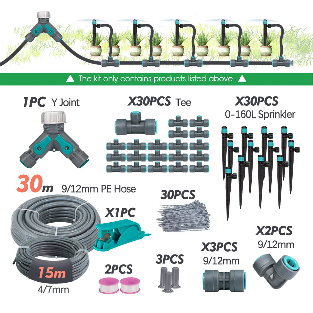 Irrigation sprinkler kit with 9/12mm PE hose, tees, sprinklers, and garden stake nozzles