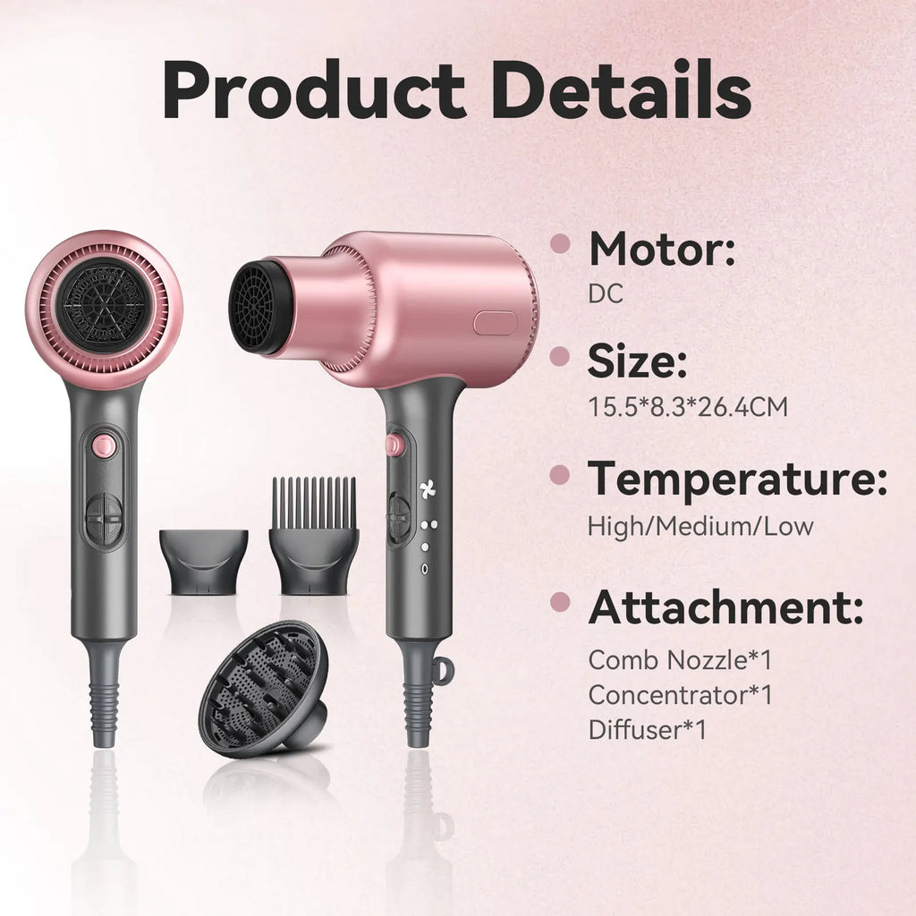 Rose gold 1600W ionic hair dryer with diffuser, concentrator, and comb nozzle for professional fast drying at home.