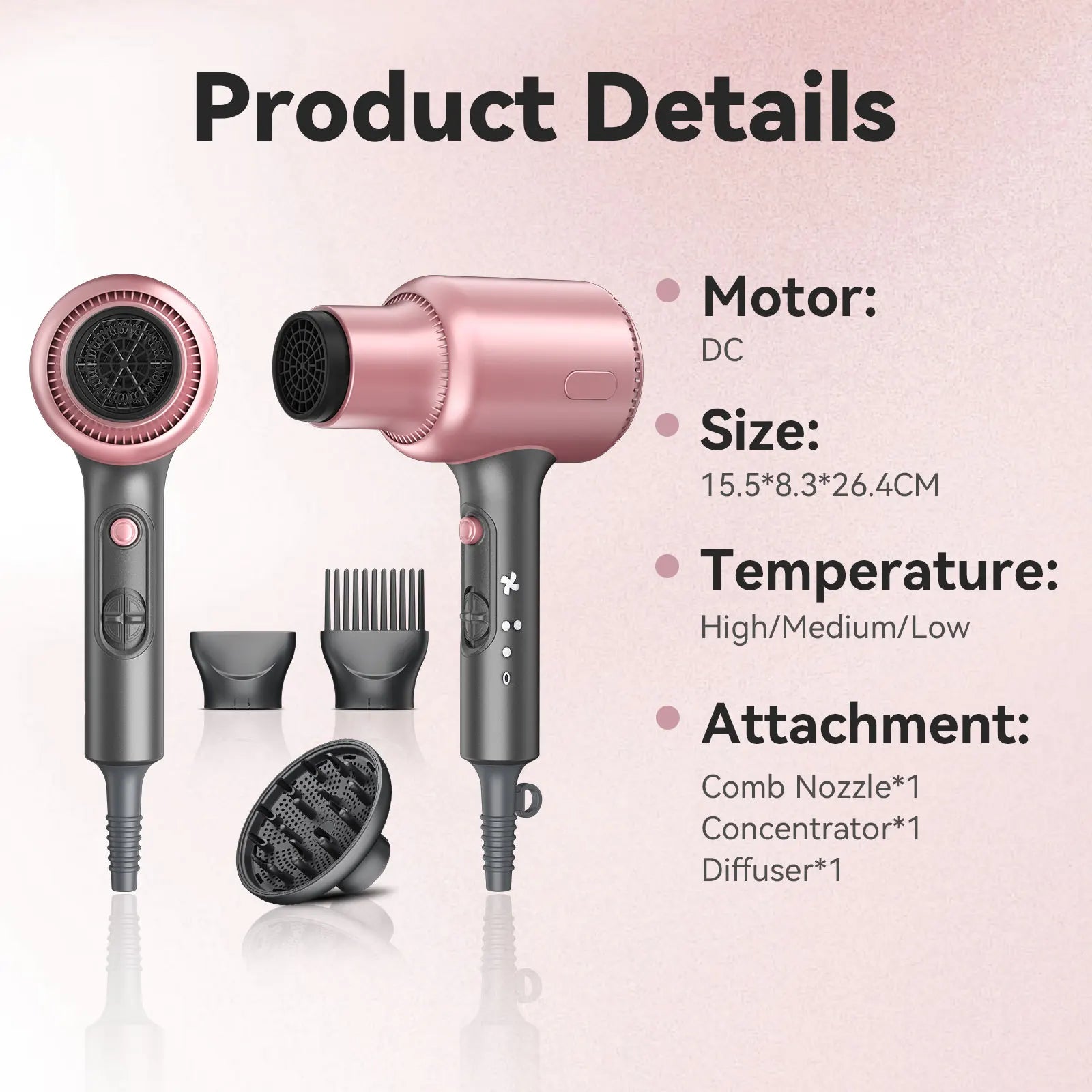 Rose gold 1600W ionic hair dryer with diffuser, concentrator, and comb nozzle for professional fast drying at home.
