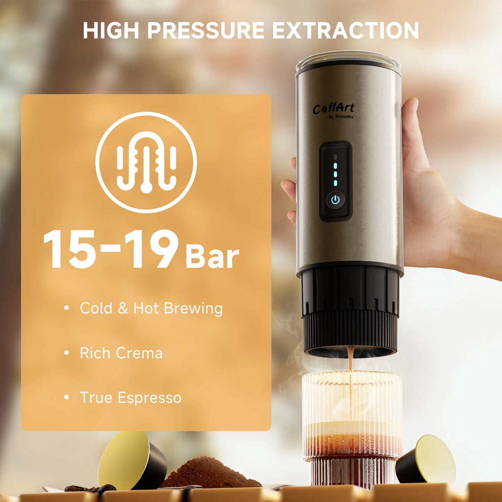 CoffArt by BioloMix portable stainless steel espresso maker pouring coffee into a glass, 15-19 bar high pressure.