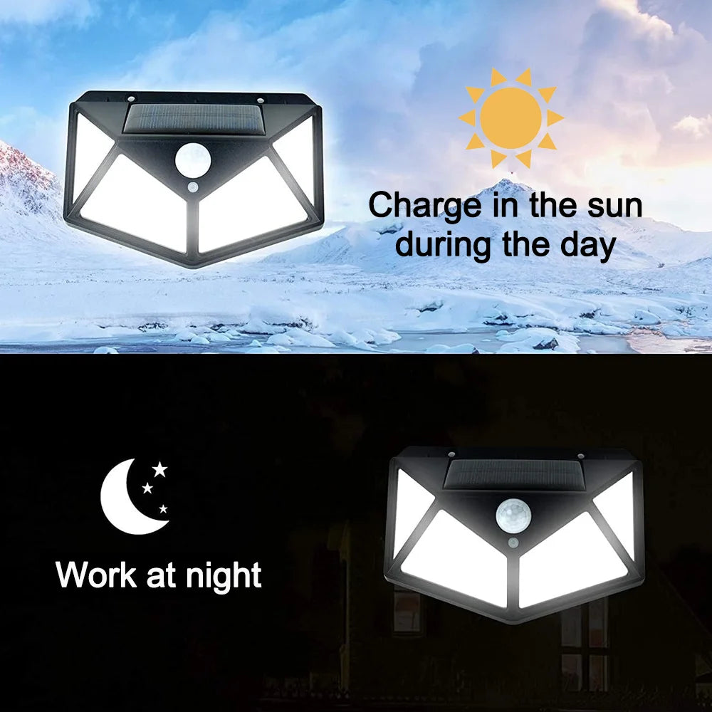 Solar Wall Lamp Outdoor Solar 100 LED Light 4 Sided Luminous Motion Sensor Waterproof Sunlight Garden Courtyard Decor Lighting