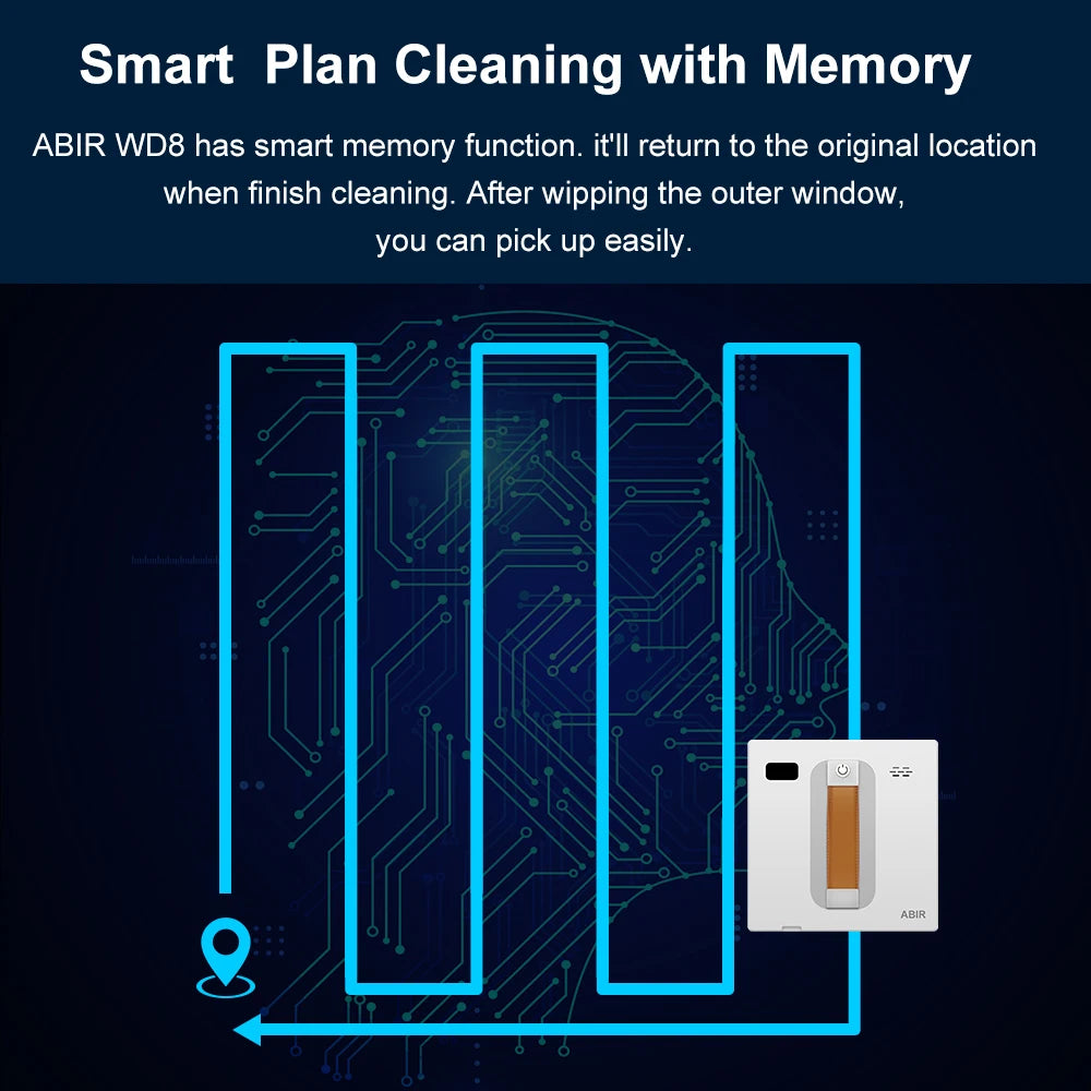 Tidesmit ABIR WD8 window vacuum robot showing dual ultrasonic spray and intelligent laser glass cleaning technology