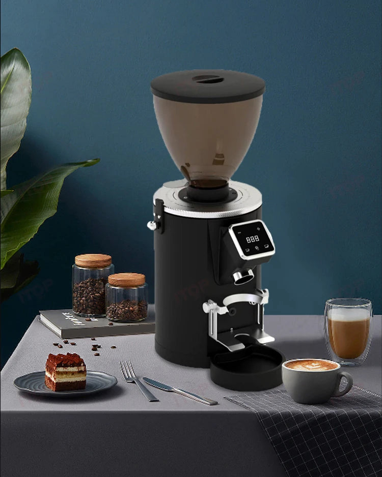 ITOP black electric espresso coffee grinder with digital display, large hopper, and metallic portafilter stand.