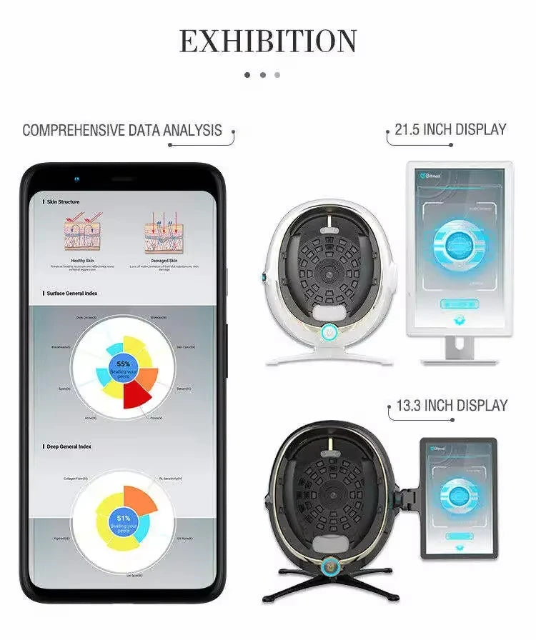 Portable 3D skin analysis machine with facial scanner, digital displays, and comprehensive moisture and texture reports.