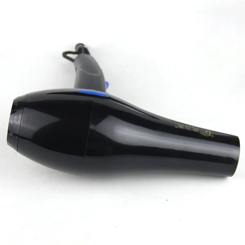 Glossy black professional hair dryer with blue buttons and EU plug for salon or home use.
