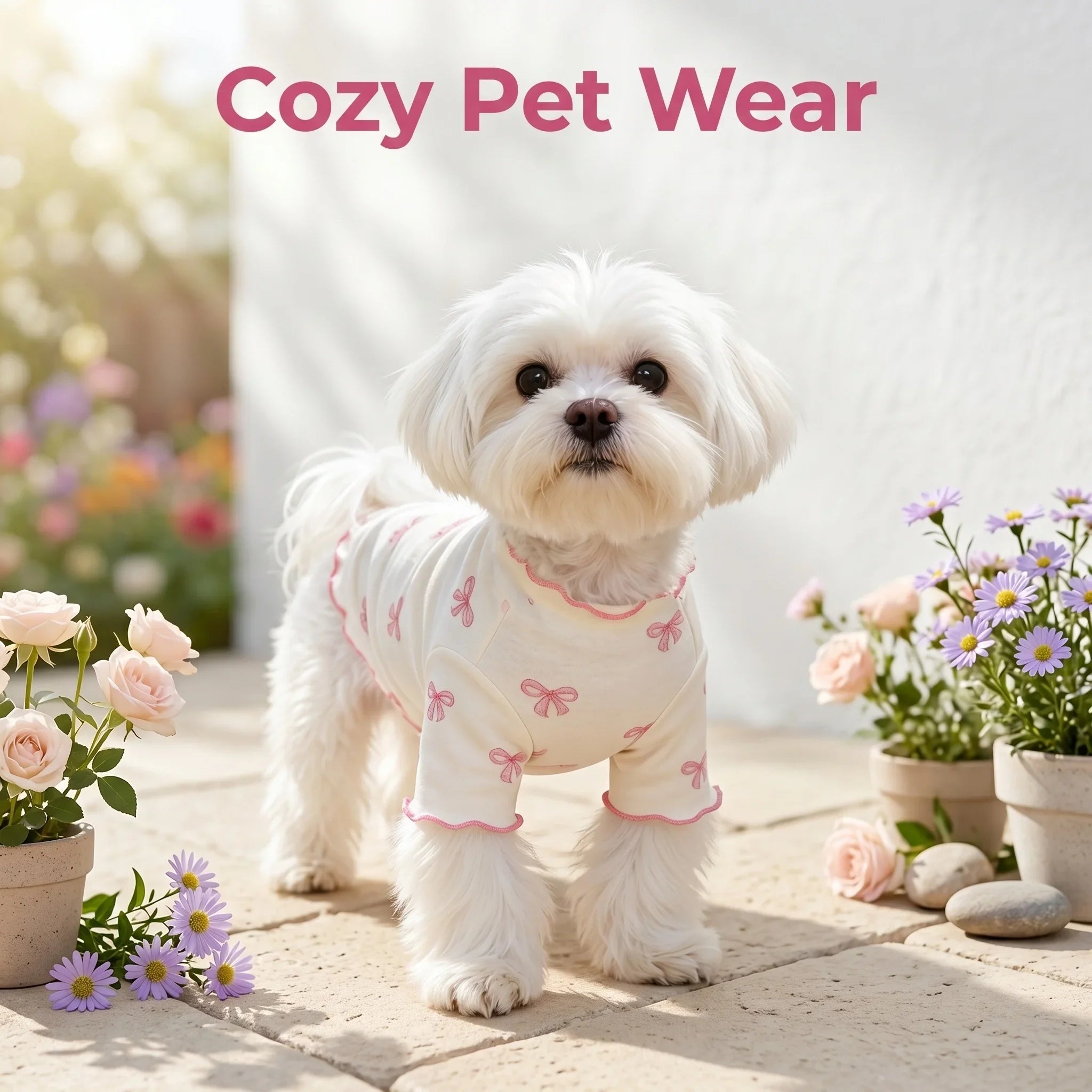 Cute white dog wearing a breathable, stretchy cream knit shirt with a pink bow tie print for comfortable pet fashion.