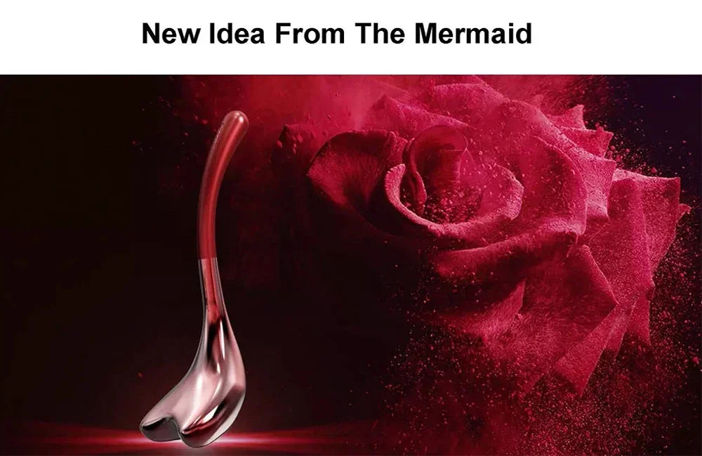 Shiny rose gold facial cryo stick with a curved, ergonomic handle against a dramatic red rose background.