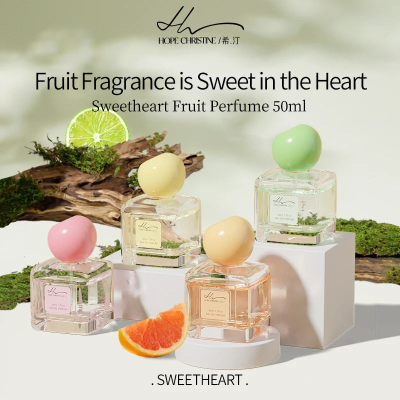Hope Christine 50ml EDP for women: square glass bottles with round caps, fruity vanilla scent, watermelon/peach notes.