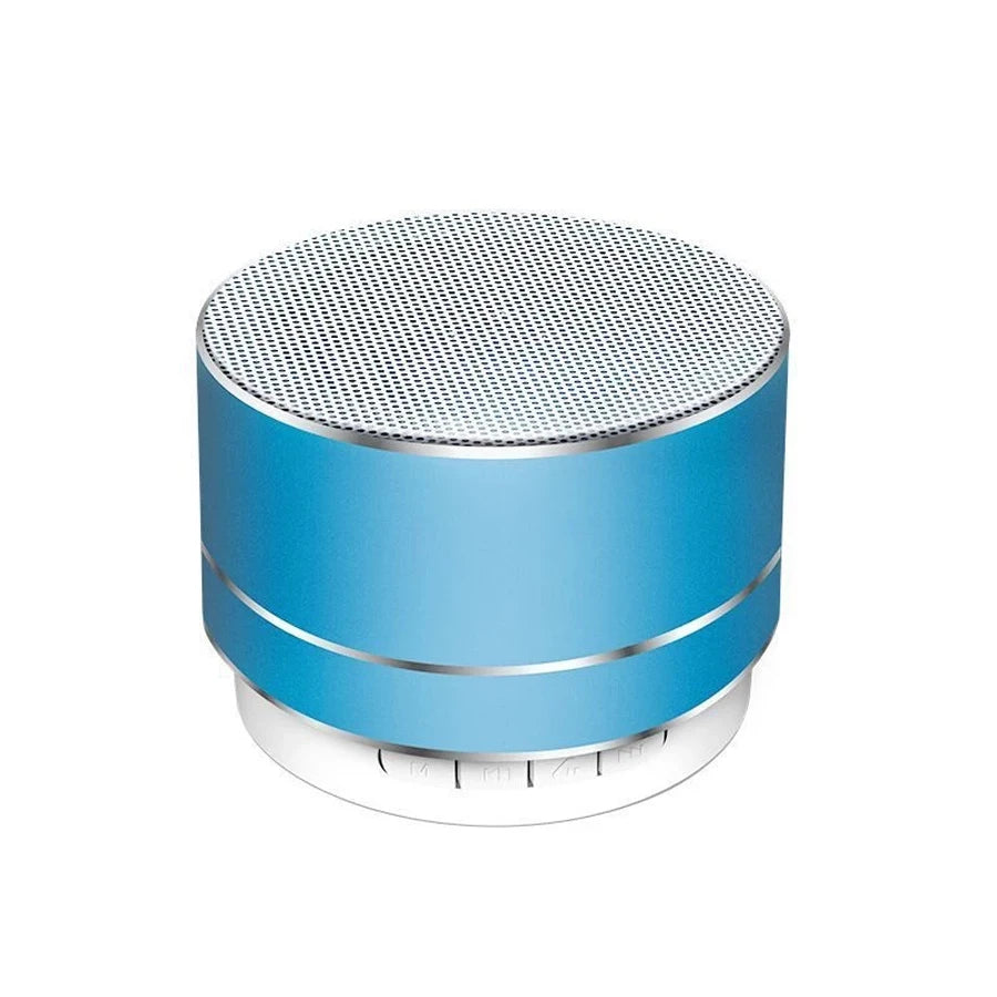 Portable wireless Bluetooth speaker, blue cylinder with round metal mesh speaker grille