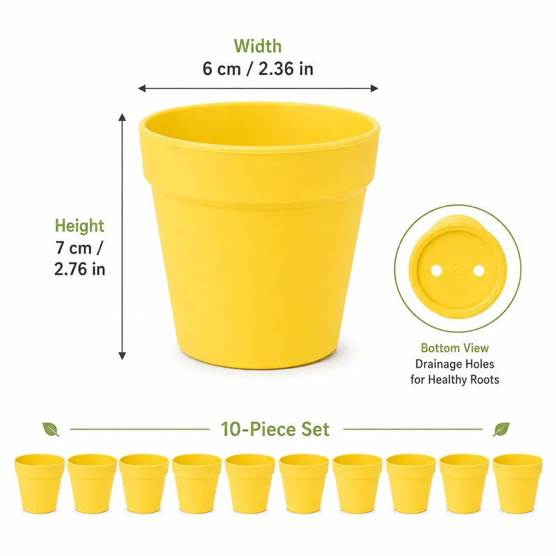 Yellow mini round plastic flower pot with drainage holes and wide opening for succulents.