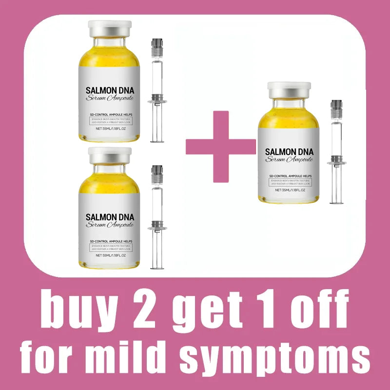 Three 35ml glass vials of yellow Salmon DNA skin serum, each with a clear plastic applicator syringe.