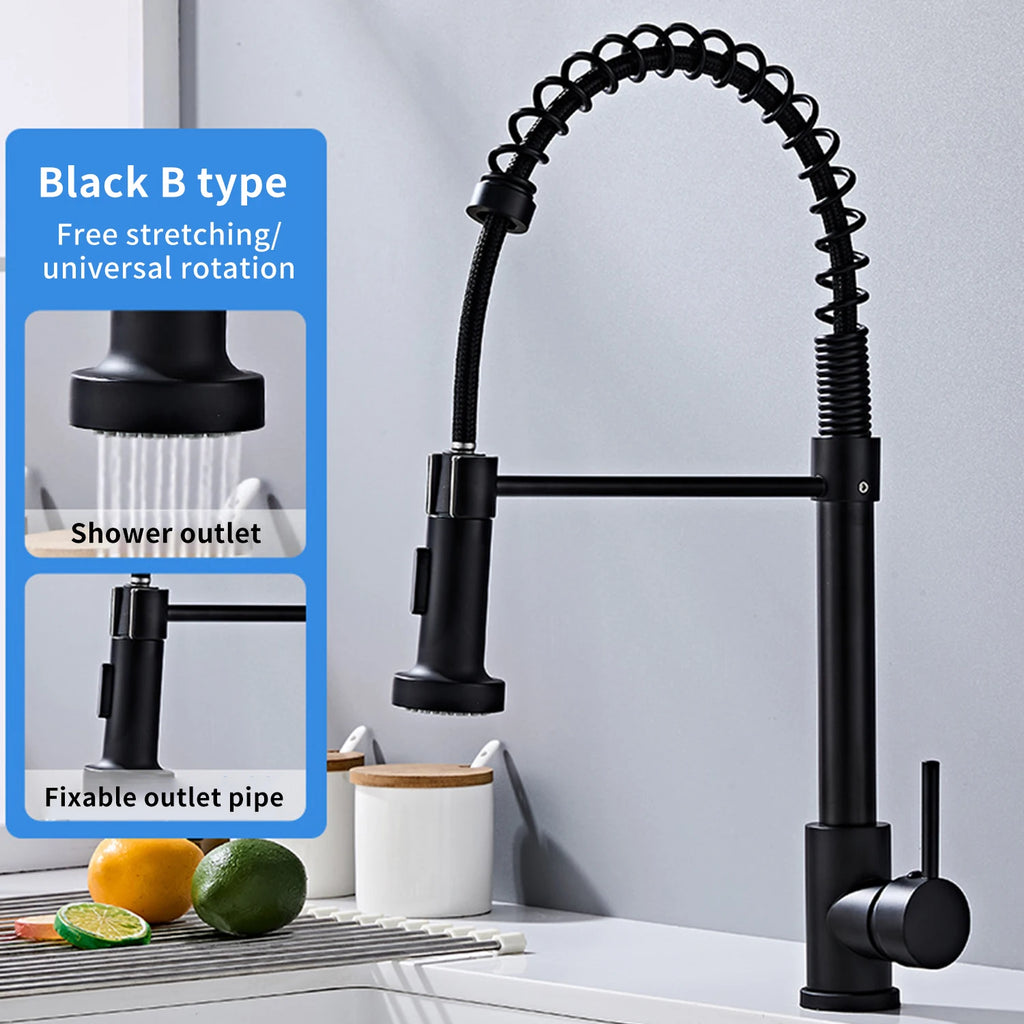 Kitchen Faucets Pull Out Sink Water Tap with Ceramic Valve Hot & Cold Water Different Water Flow Modes Deck Mounted 360° Rotation Fit for Two Sinks