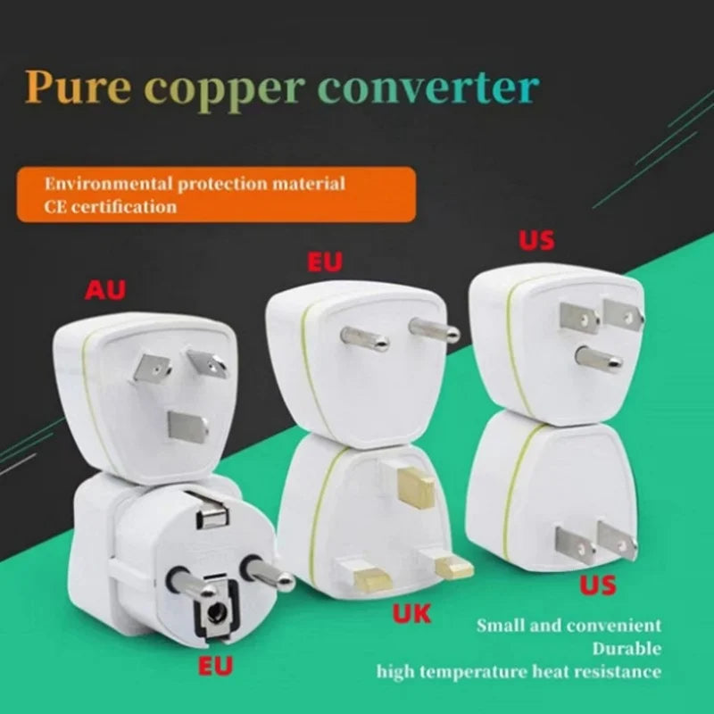 White universal power adapters with pure copper converters for global travel, available in AU, EU, UK, and US plug types.