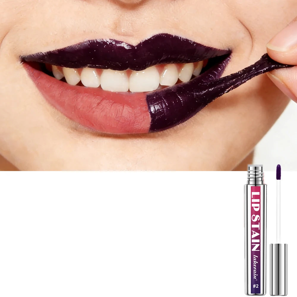 Waterproof peel-off lip stain in deep berry, revealing a natural pink tint. Long-lasting, transfer-proof lip makeup.