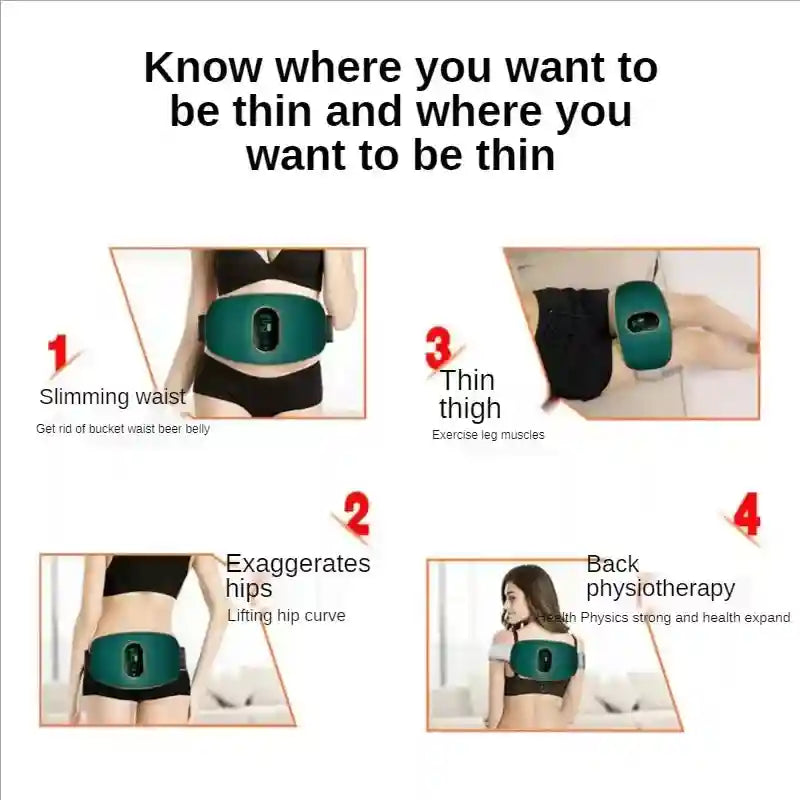 Dark green, oval electric body massager shown on waist, thigh, hip, and back to demonstrate slimming uses.