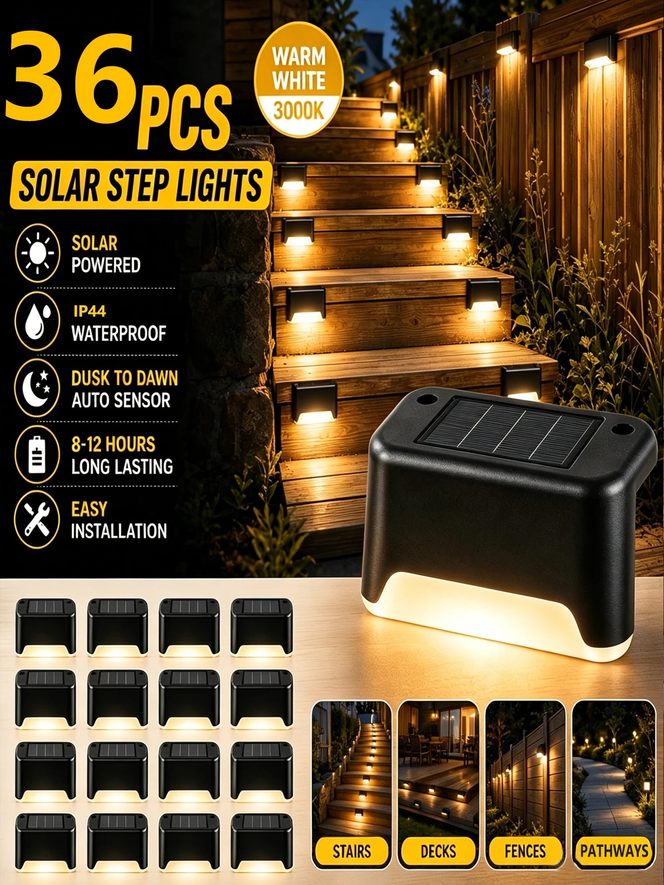 Solar Lights Outdoor Waterproof, Garden Fence Lights, Landscape Terrace Solar Step Lights - Suitable for Step Lighting Decoration, Guardrail Lighting, Etc