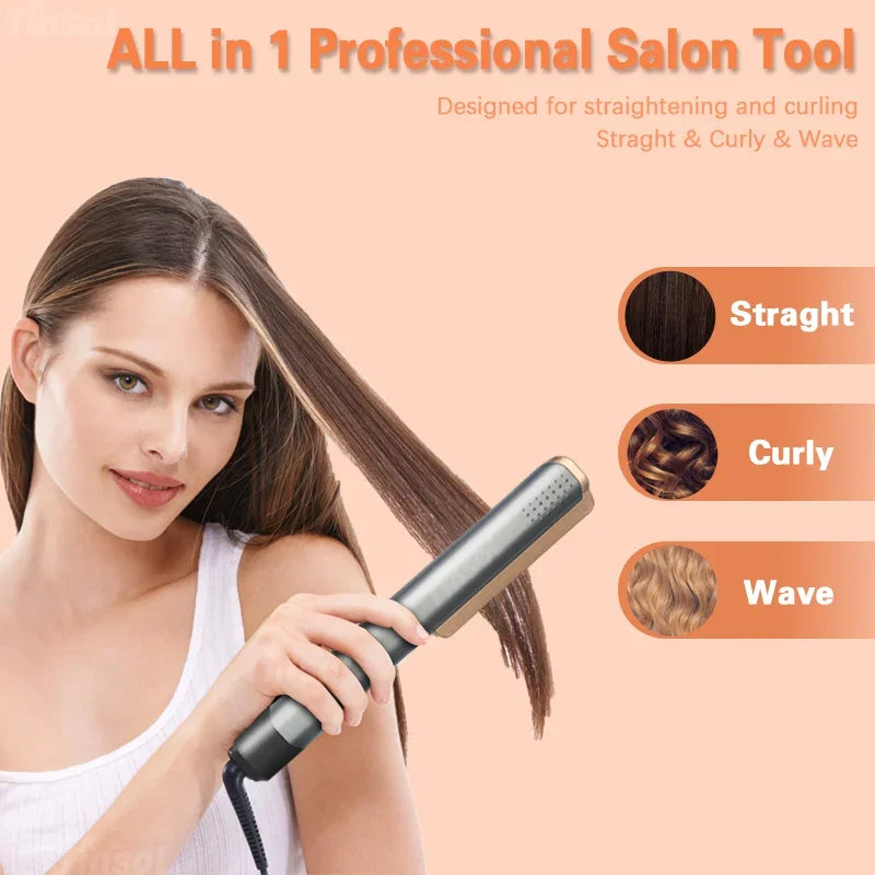 TINSOL 2-in-1 professional hair straightener and curler in gray-gold, featuring ionic wide plates for salon styling.