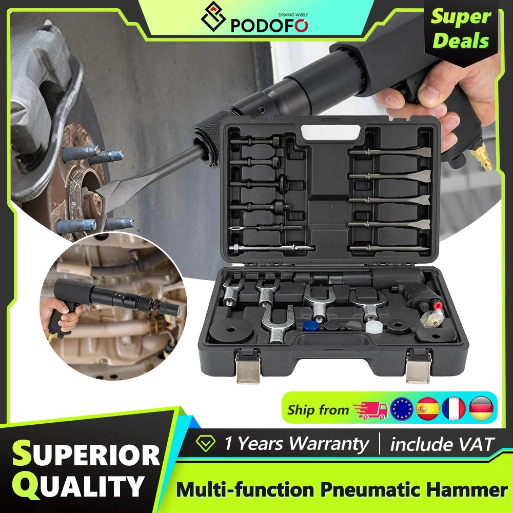 Podofo 25Pcs Air Hammer Kit Multi-functional Pneumatic Hammer Piece Chisel Set Ball Joint Separator Set 2100 BPM Quick Change Retainer Air Hammer Bits