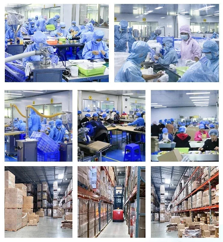 A collage of factory workers in lab gear assembling medical products and a large warehouse filled with stacked boxes.