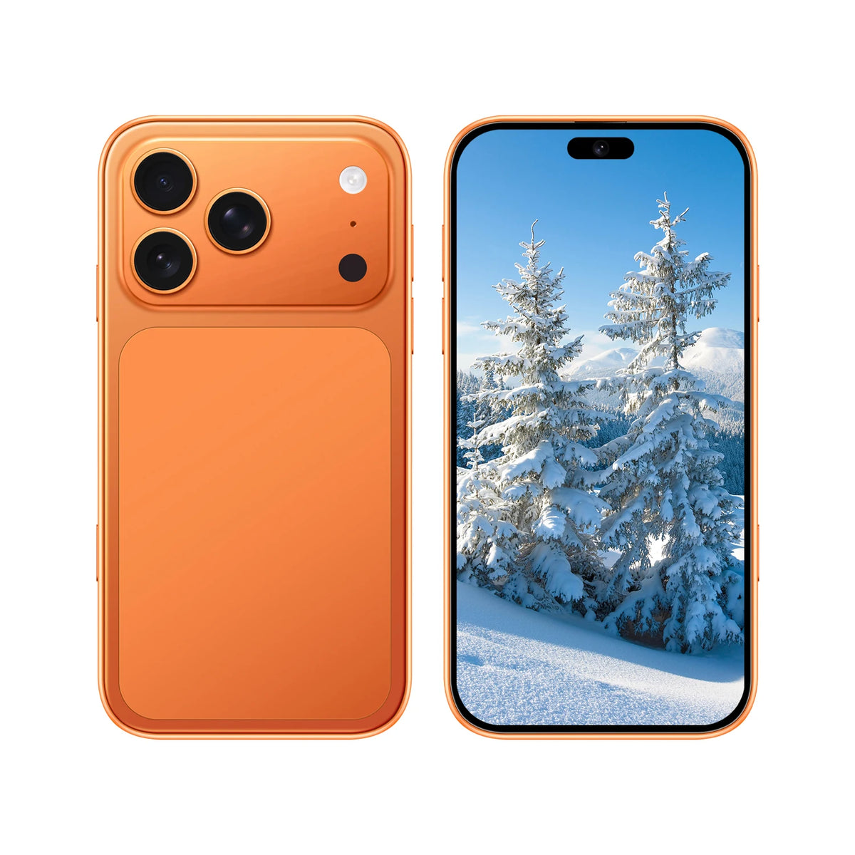Orange smartphone with dual rear cameras and a front display showing a snowy landscape