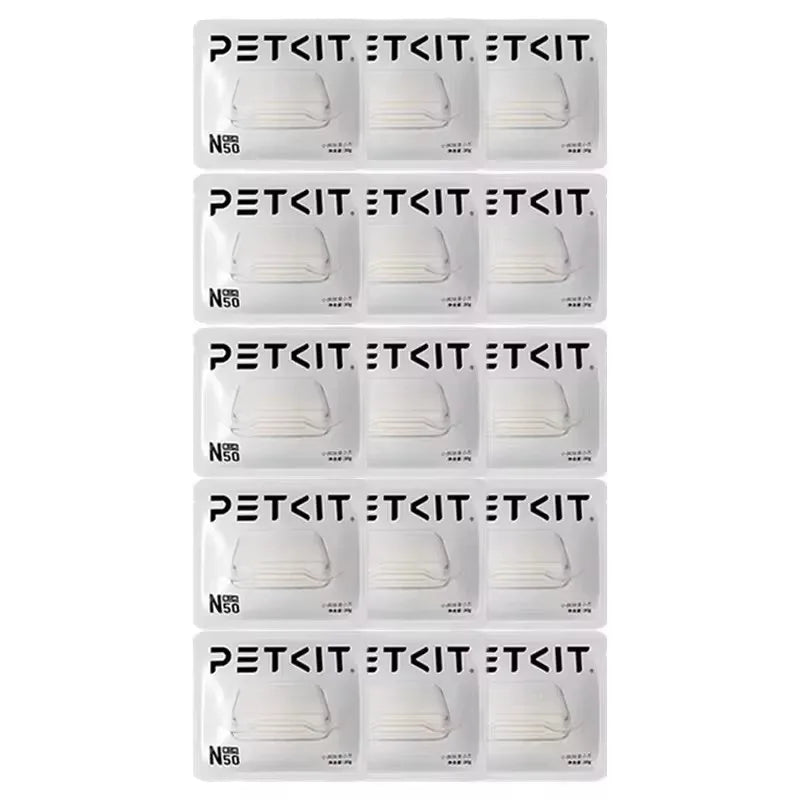 Fifteen white, square PETKIT N50 deodorant cube refills for PURA MAX cat litter boxes in individual sealed packaging.