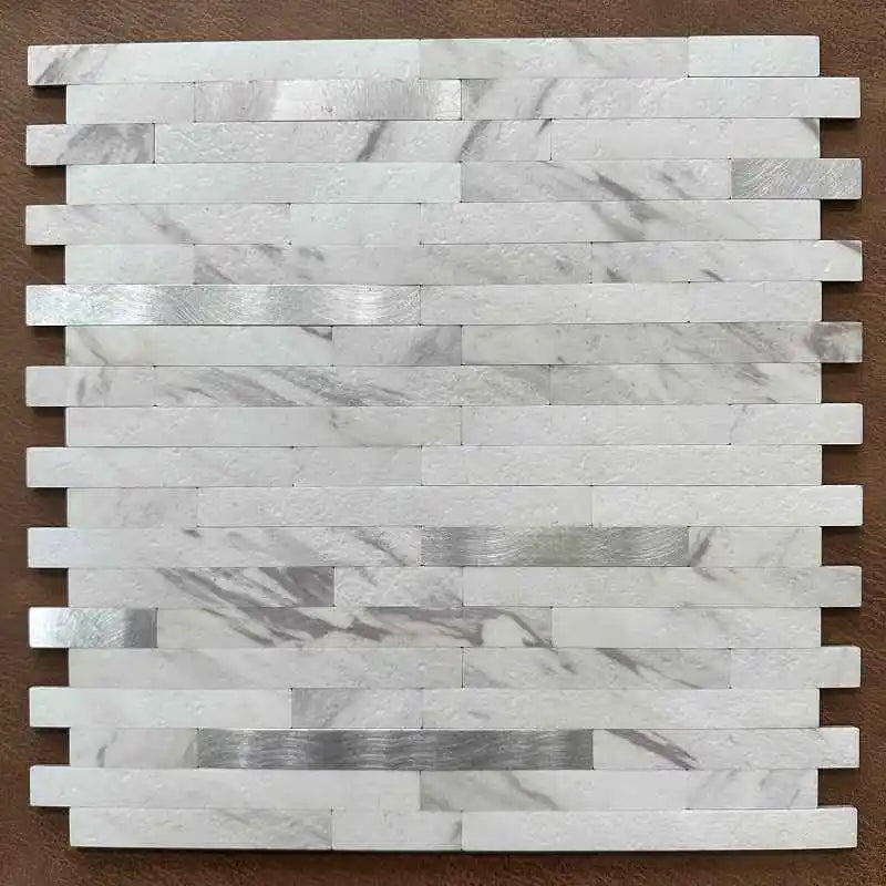 Peel-and-stick mosaic wall tile sheet with white marble-look rectangles and thin metallic accents
