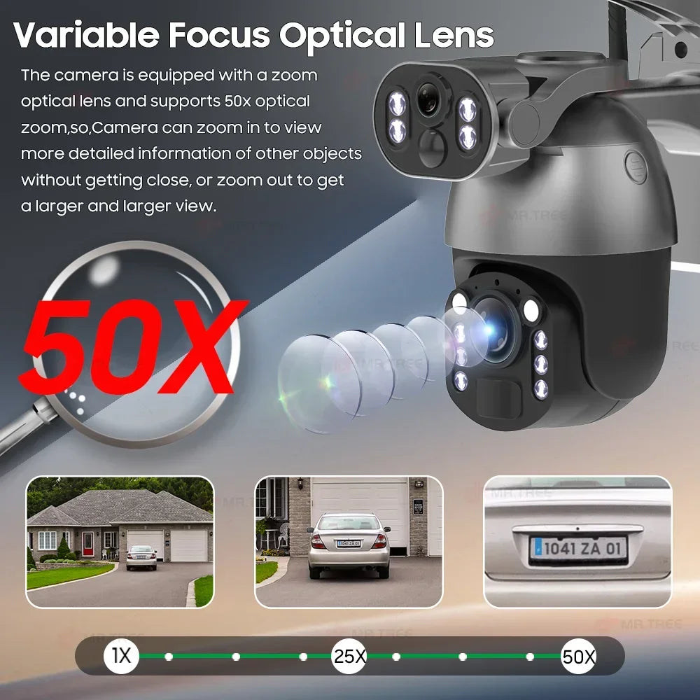 Dual-lens PTZ solar security camera with 50x optical zoom lens array and LED lights