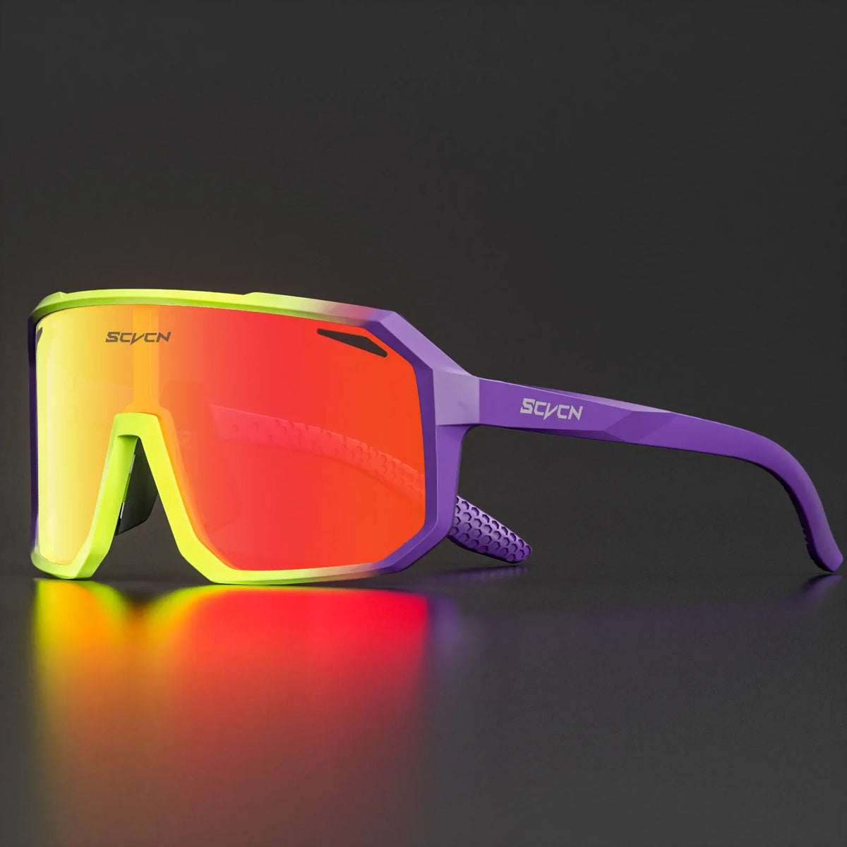 Cycling sunglasses with purple frame and red mirrored sport lenses.