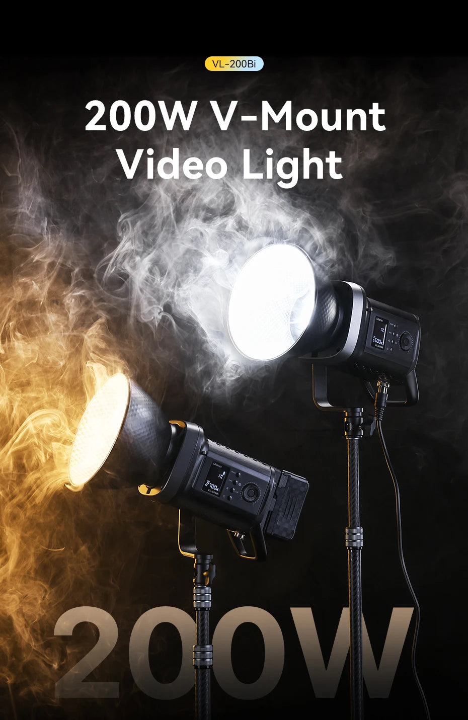 Two 200W V-mount video lights on stands, featuring black housings, reflectors, and adjustable color temperature