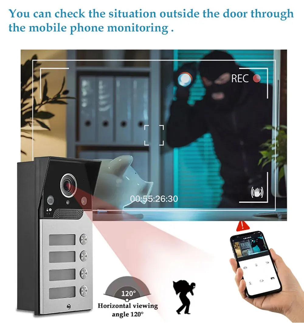 7 Inch LCD Video Doorphone Intercom Wide Angle Waterproof 1080P Camera Doorbell System for 2/3/4 Apartment Family Access Control