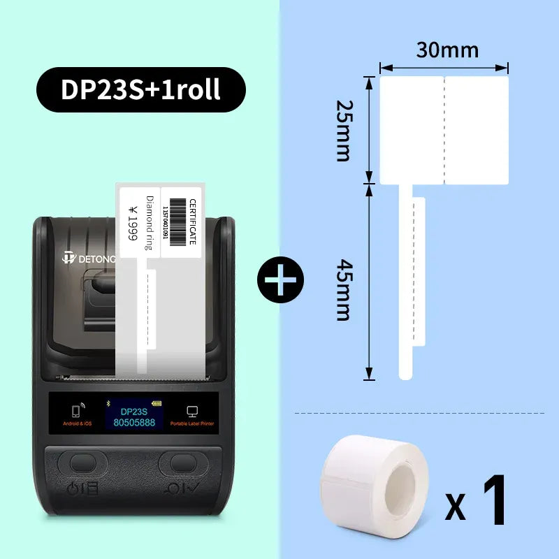 Black label tag printer with included 50x50 roll for barcode and QR labels