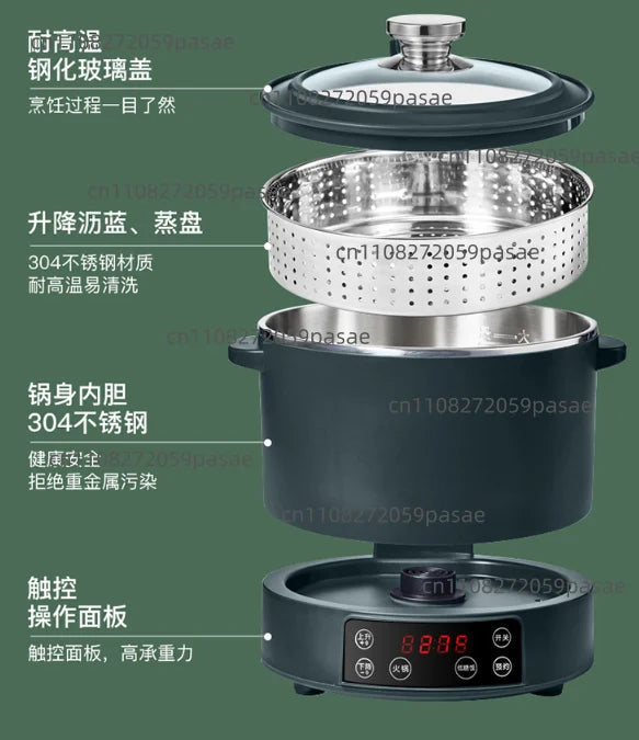 Electric rice cooker with stainless inner pot, dark base, and control panel at bottom