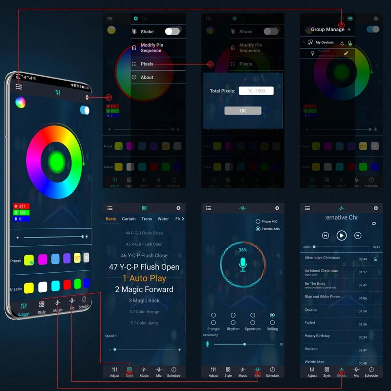 LED light controller mobile app interface showing color wheel, pattern presets, music synchronization, and mic settings.